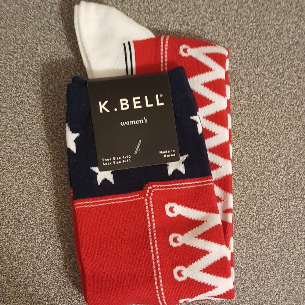 K Bell Hightop Red White and Blue Novelty Knee Sock Size 9-11